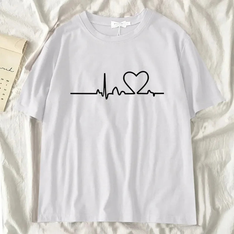 Heartbeat T Shirt Women Black Korean Style