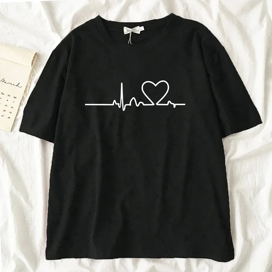 Heartbeat T Shirt Women Black Korean Style