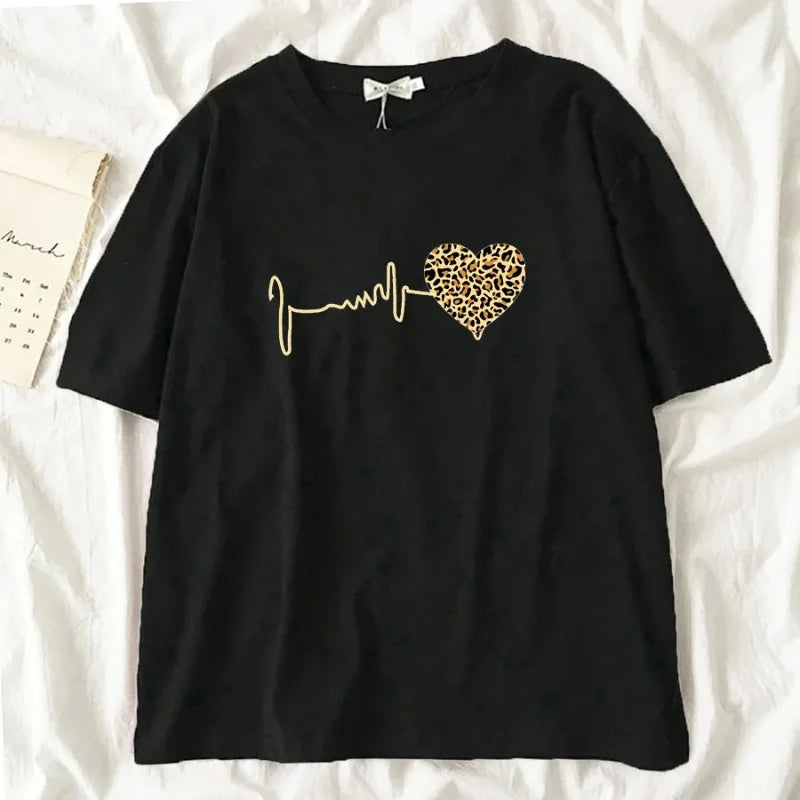 Heartbeat T Shirt Women Black Korean Style